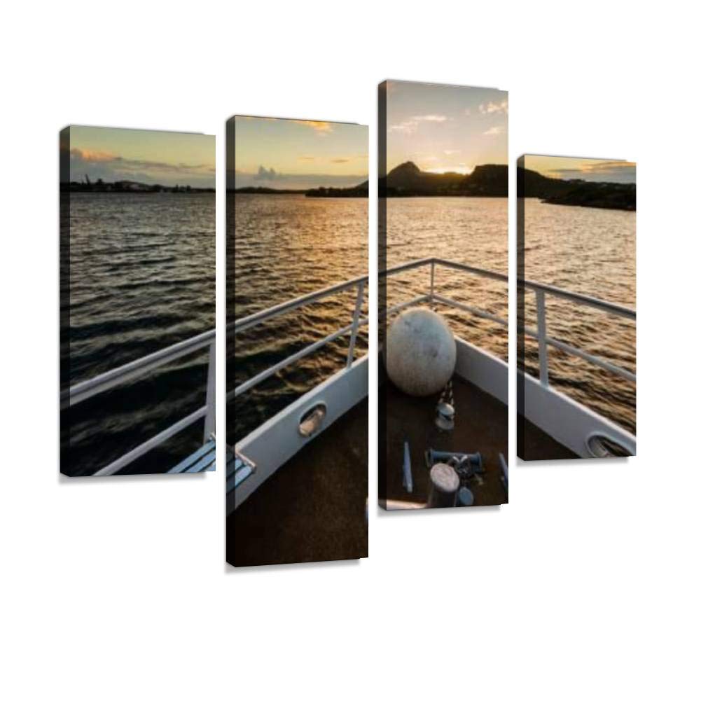 IGOONE 4-Panel Boat Sunrise Canvas Wall Art - Modern Framed Paintings for Living Room & Bedroom Decor - Ready to Hang Home Wall Decor - Perfect for Coastal & Nautical Theme Interiors