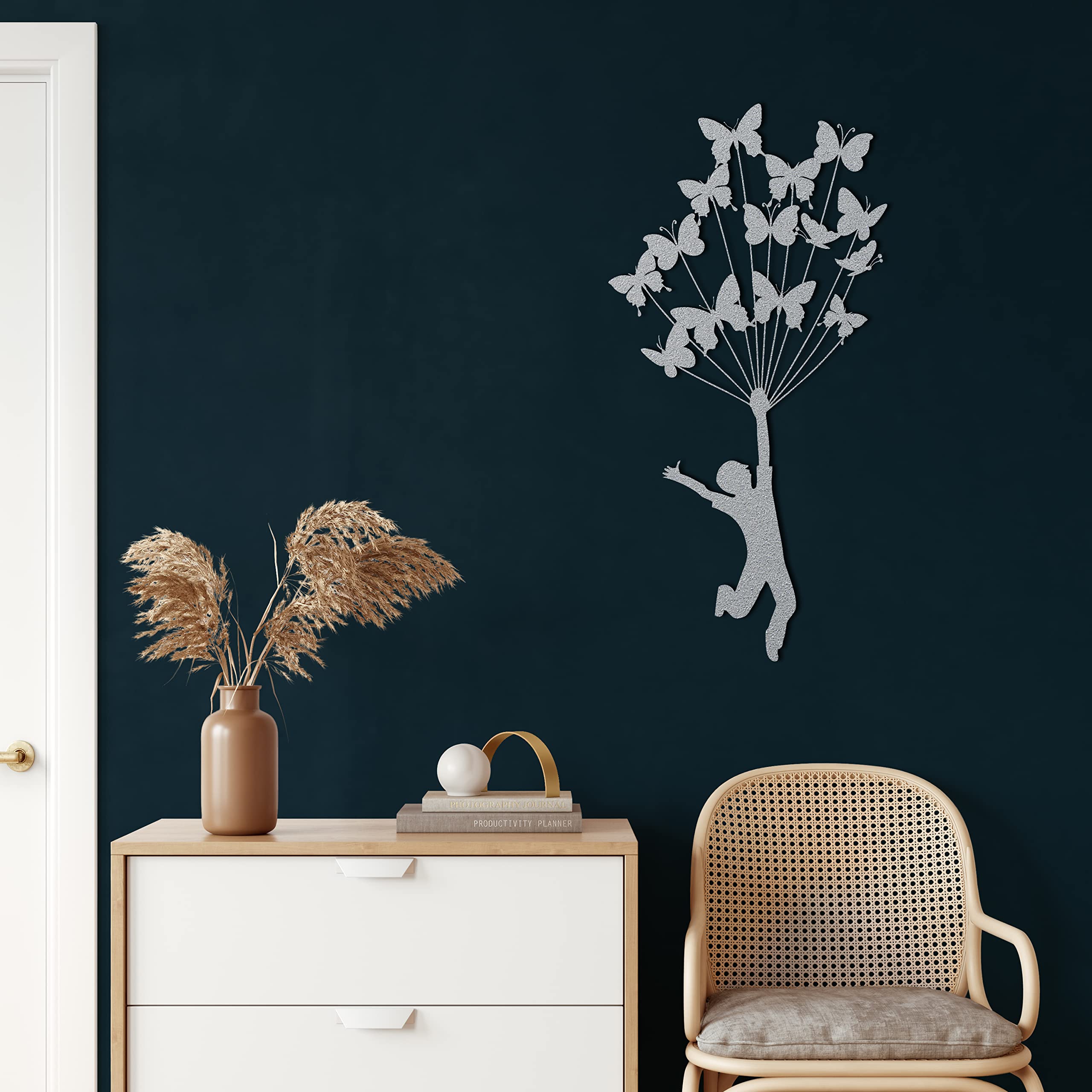 Silver Metal Wall Art Decor - Butterflies & Kids Design for Home & Living Room - Indoor/Outdoor Hanging Sign (59x118cm) - Perfect for Nursery, Bedroom, Garden & Patio Decor