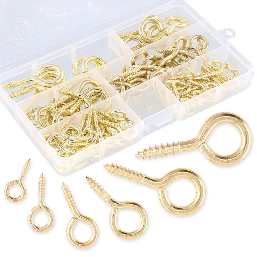 120Pcs Gold Screw Eye Hooks Kit - 6 Sizes Metal Self-Tapping Screws for Home & Office Use
