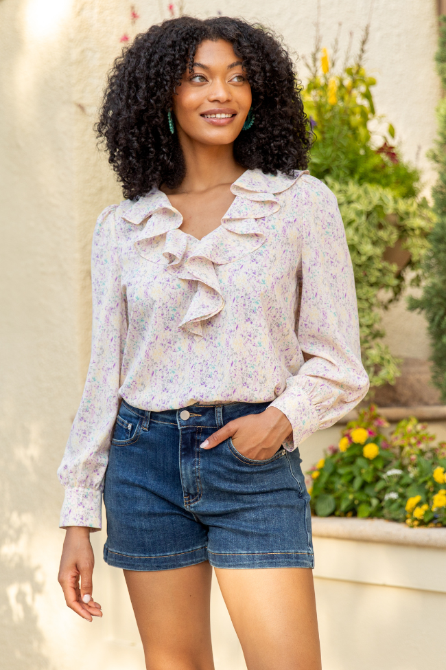 Pastel Floral Ruffle Trim Blouse for Women - Elegant Spring Summer Top - Perfect for Office, Date Night & Casual Outings