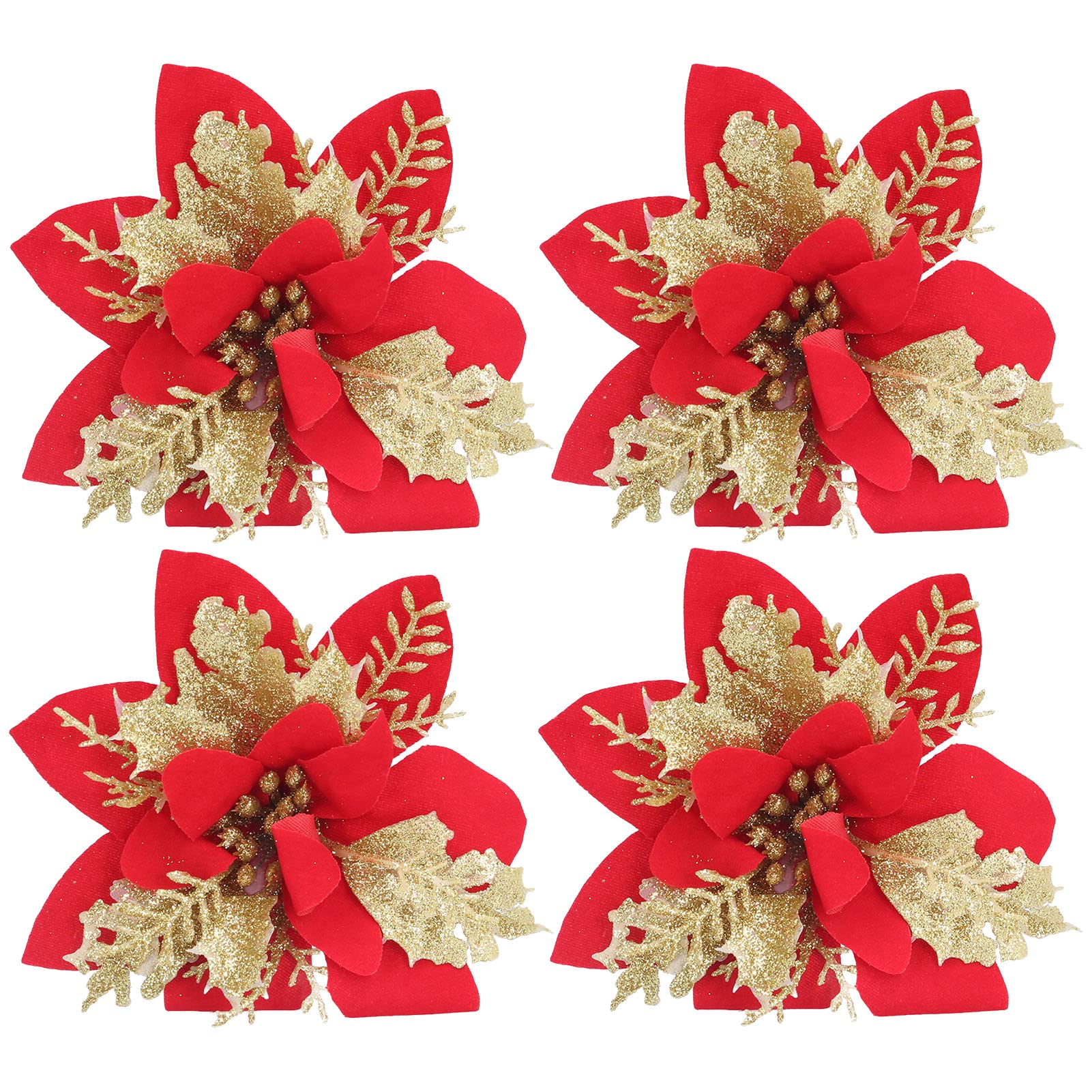Haofy 4pcs Artificial Golden Red Poinsettia Christmas Tree Glitter Flowers with Golden Powder - Festive Holiday Decor for Xmas Trees, Wreaths, Mantels & Home Decoration
