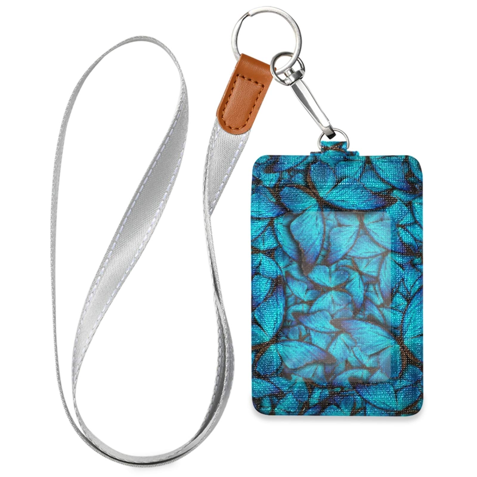 Blue Butterfly Vertical Leather ID Badge Holder with Lanyard for Office & School Staff