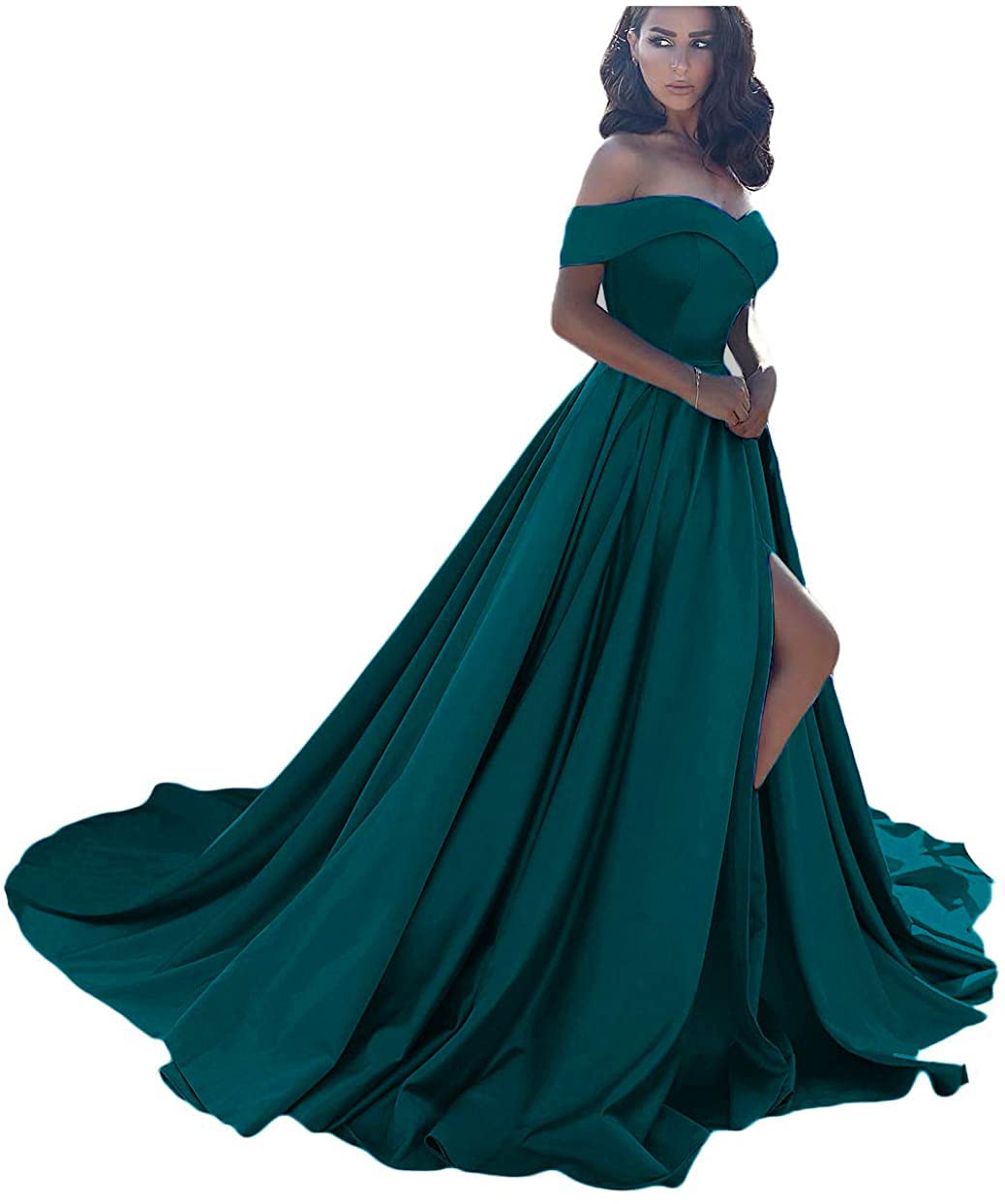 Elegant Off-the-Shoulder Satin Ball Gown Prom Dress for Women - Long Split Formal Evening Gown - Perfect for Prom, Homecoming, Weddings & Special Occasions