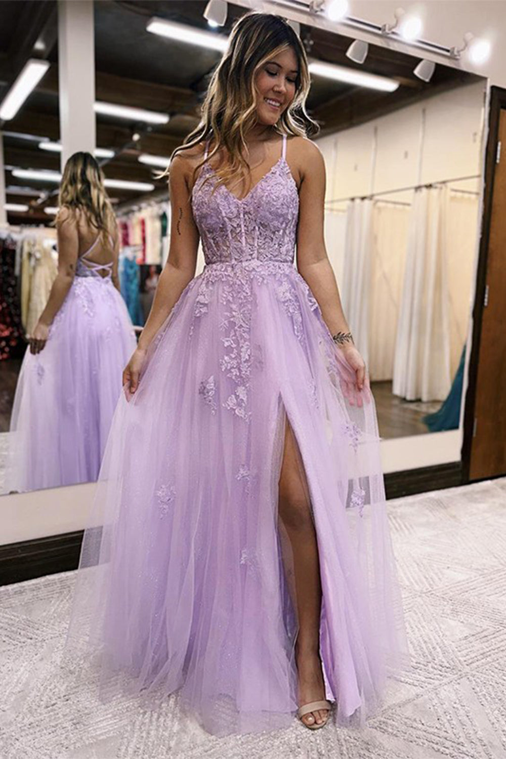 Elegant A-Line Spaghetti Straps Lilac Long Prom Dress with Floral Appliques - Perfect for Homecoming, Formal Dances & Special Occasions - TP1245