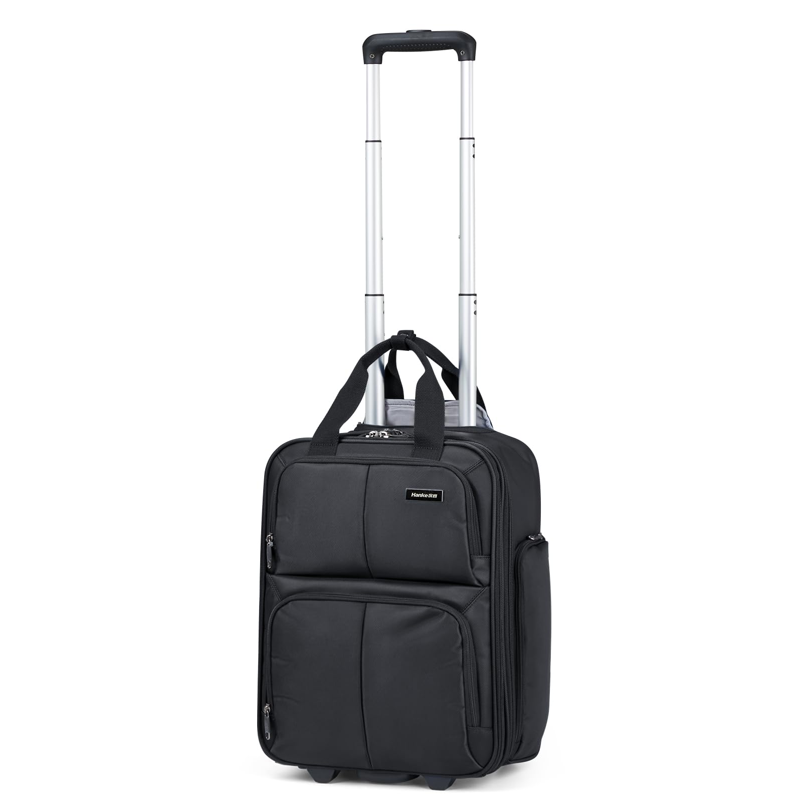 Hanke 16-Inch Softside Underseat Carry-On Luggage with Wheels - Lightweight Rolling Travel Bag for Airplane, Black - Perfect for Business Trips & Weekend Getaways