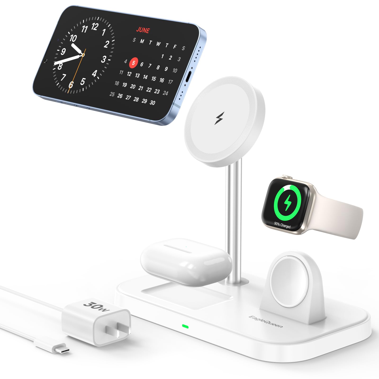 3 in 1 Wireless Charging Station for iPhone 15/14/13/12 Series, Apple Watch Series 1-9 & AirPods - MagSafe Compatible Fast Charger Stand with 30W Adapter (White) | Perfect for Home, Office & Nightstand Charging