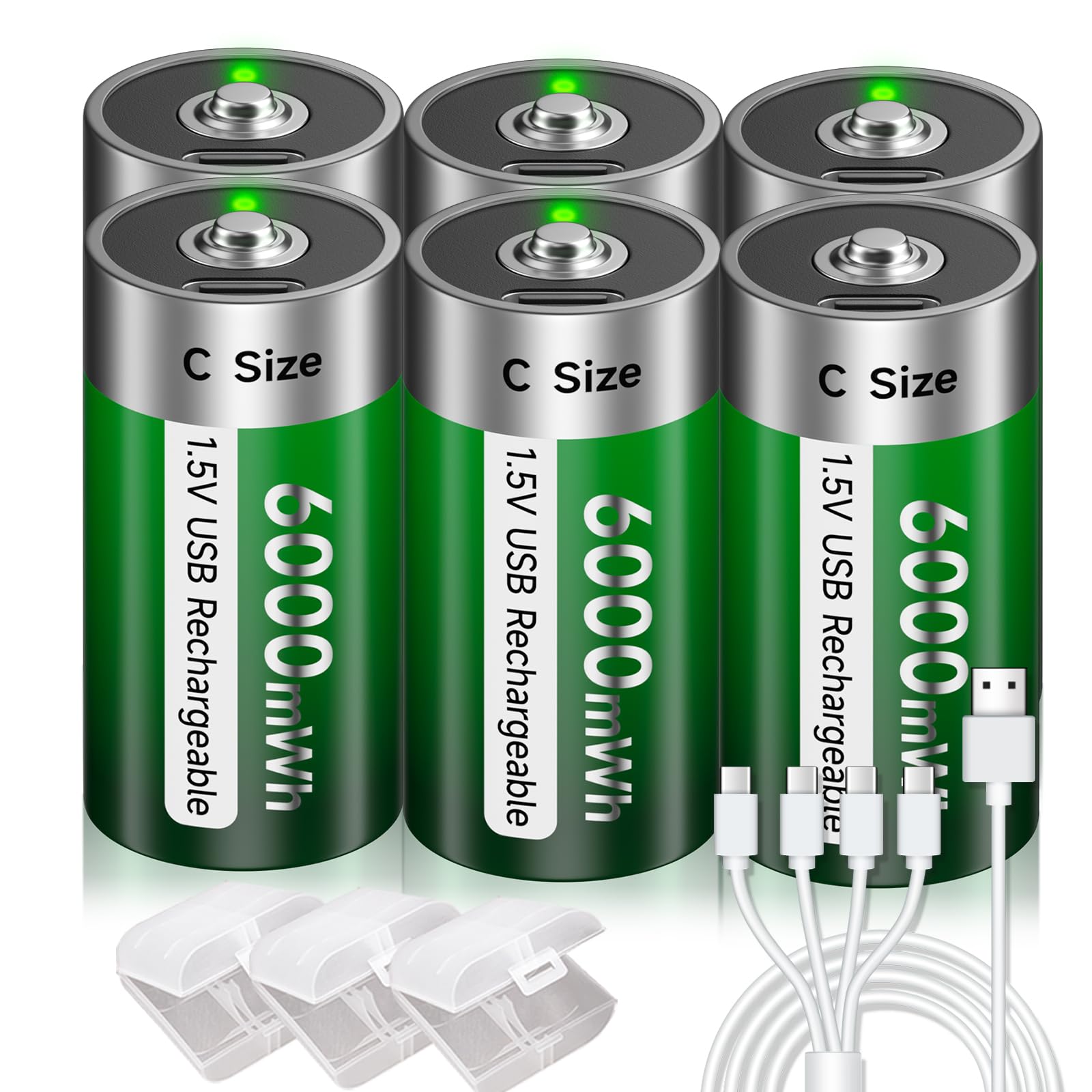 USB Rechargeable C Batteries 1.5V 6000mWh - High Capacity LR14 Battery with Type-C Charging Cable, LED Indicator, 3-Hour Fast Charge, 1200+ Cycles (6-Pack) - Perfect for Flashlights, Toys, Radios & Emergency Kits