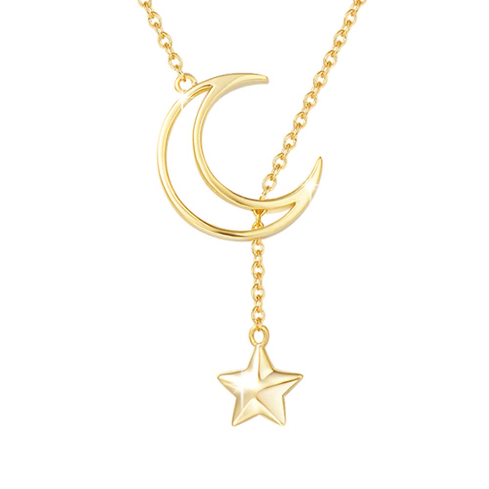 Agvana 14K Gold Plated Sterling Silver Moon and Star Necklace for Women - Dainty Crescent Pendant Y Lariat Chain (16