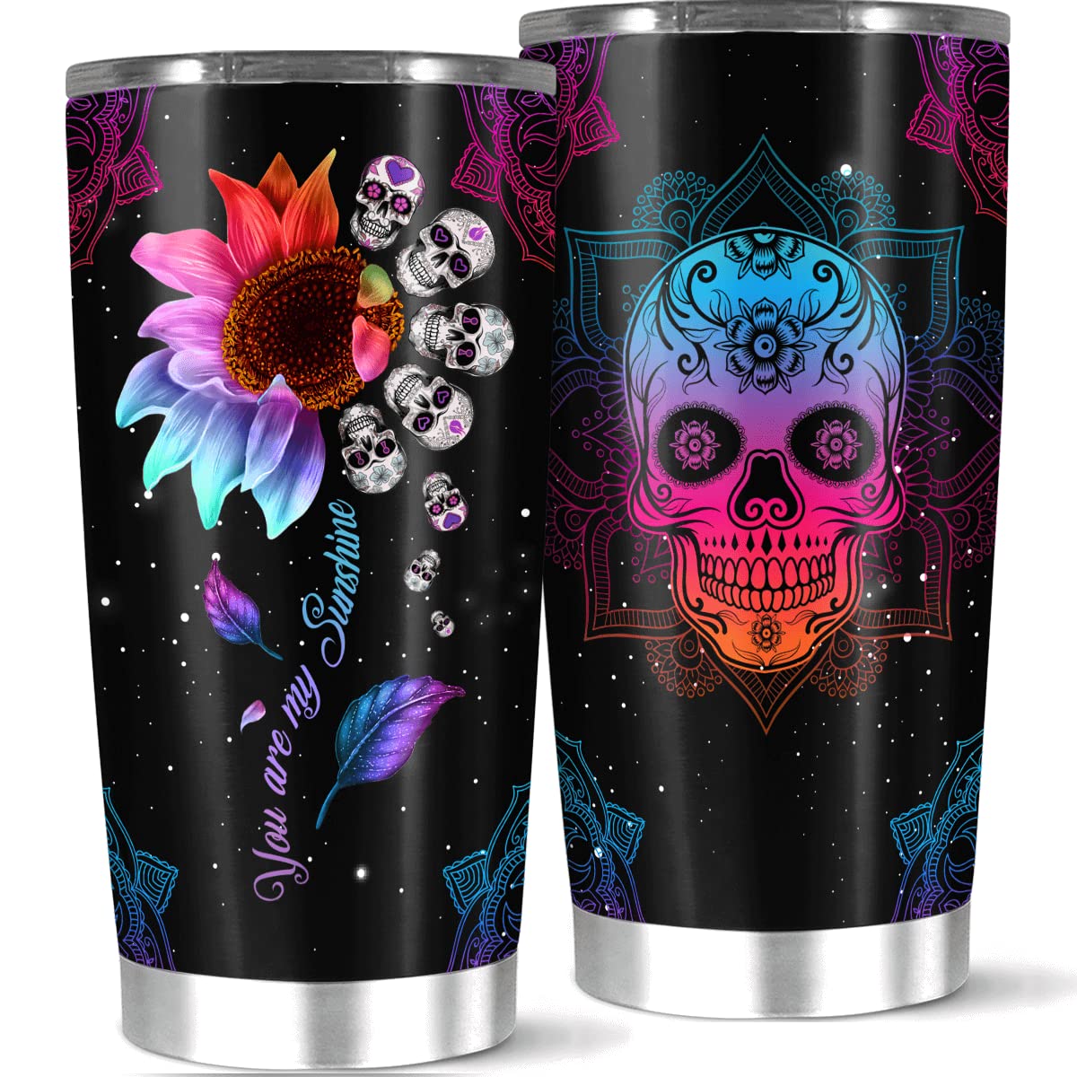 EvelynShop Skull Mandala Flower Sunflower Coffee Tumbler - 20oz Leak Proof Stainless Steel Travel Mug with Lid, Double Wall Vacuum Insulated Iced Cup for Hot & Cold Drinks - Perfect Birthday Gift for Men & Women, Office, Gym, Camping & Outdoor Activities