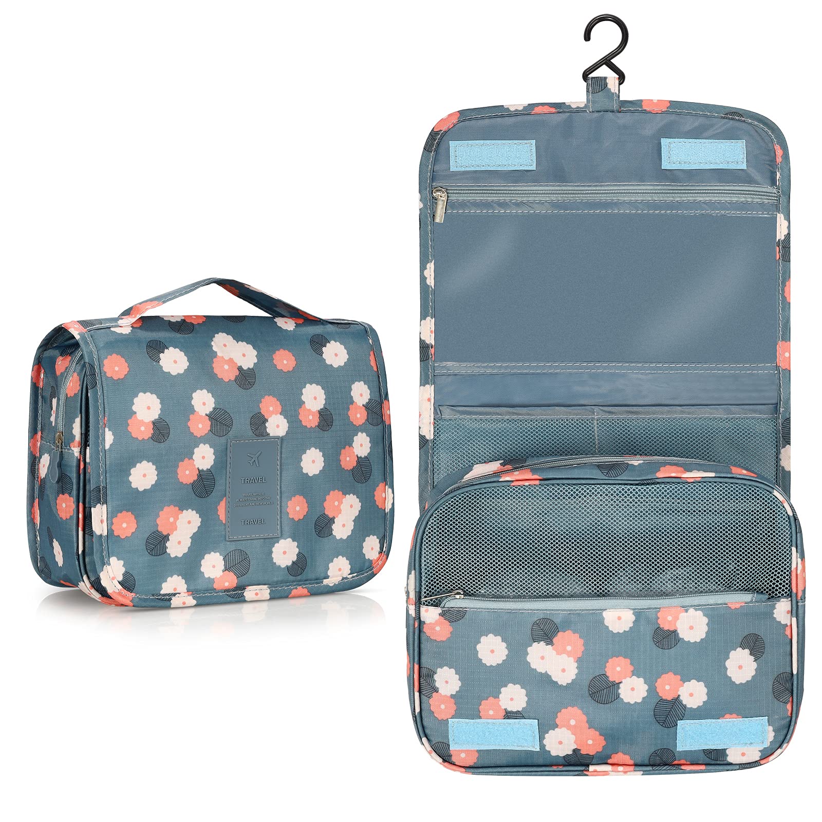 Waterproof Hanging Travel Toiletry Bag for Women - Foldable Cosmetic Organizer with Blue Flower Pattern | Perfect for Camping, Gym & Air Travel Accessories