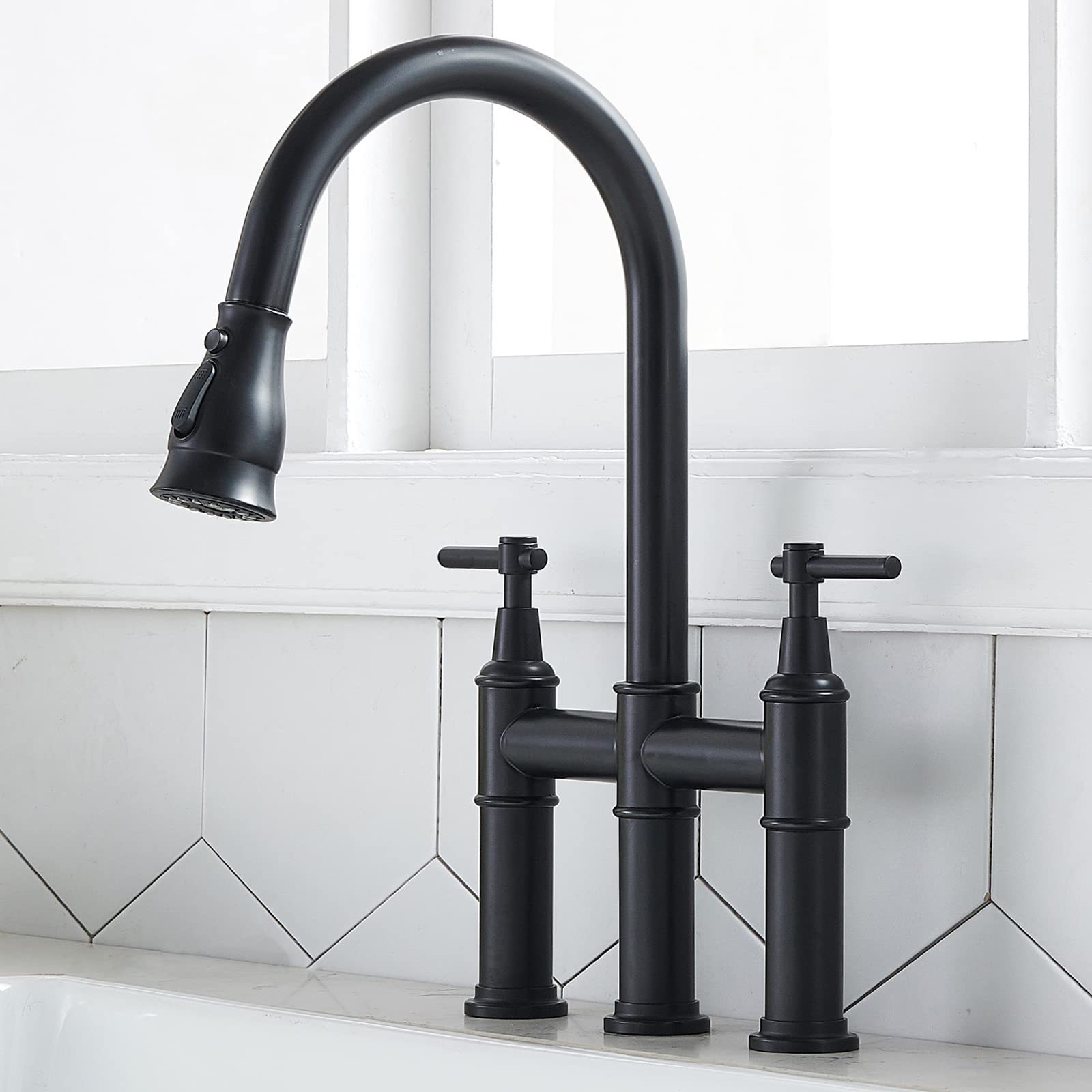 SHACO Black Bridge Kitchen Faucet - 3 Hole Farmhouse Sink Faucet with Pull Down Sprayer, Two Handle High Arc 360° Swivel, Traditional Country Style Solid Brass Faucet for Kitchen Sinks | Perfect for Farmhouse, Rustic, and Vintage Style Kitchens