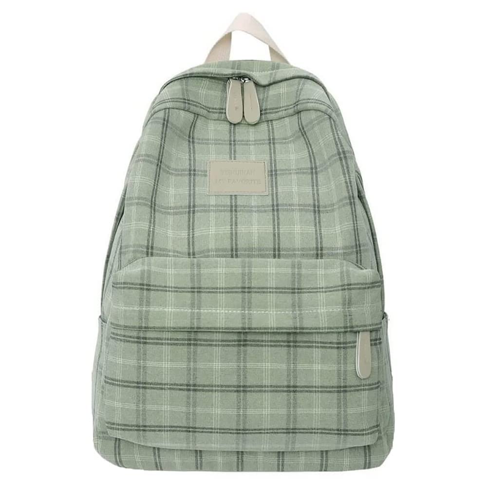 Stylish Sage Green Plaid Backpack for School Girls - Large Capacity Kawaii Bookbag with Preppy Aesthetic | Perfect for College, Travel & Everyday Use