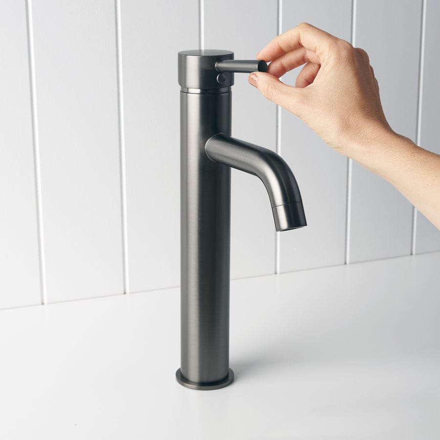 Tall Basin Mixer Faucet in Gunmetal Finish - Modern Bathroom Sink Faucet for Vanity, Powder Room, and Guest Bathroom