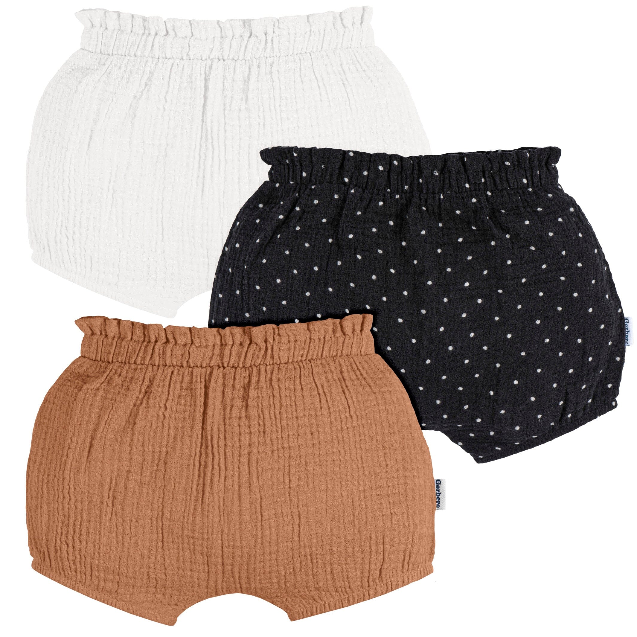 3 Pack Baby Girls' White, Black Dot & Brown Gauze Bubble Shorts - Soft & Breathable Cotton Summer Playwear for Toddler Outfits, Playdates & Photoshoots