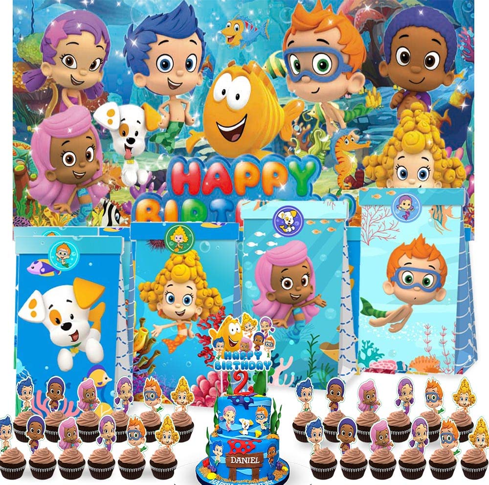 Bubble Guppies Party Supplies Set - 24pcs Favor Bags, Cake Toppers, Backdrop & Banner Decorations for Kids Birthday - Perfect for Themed Parties, Classroom Celebrations & Baby Showers