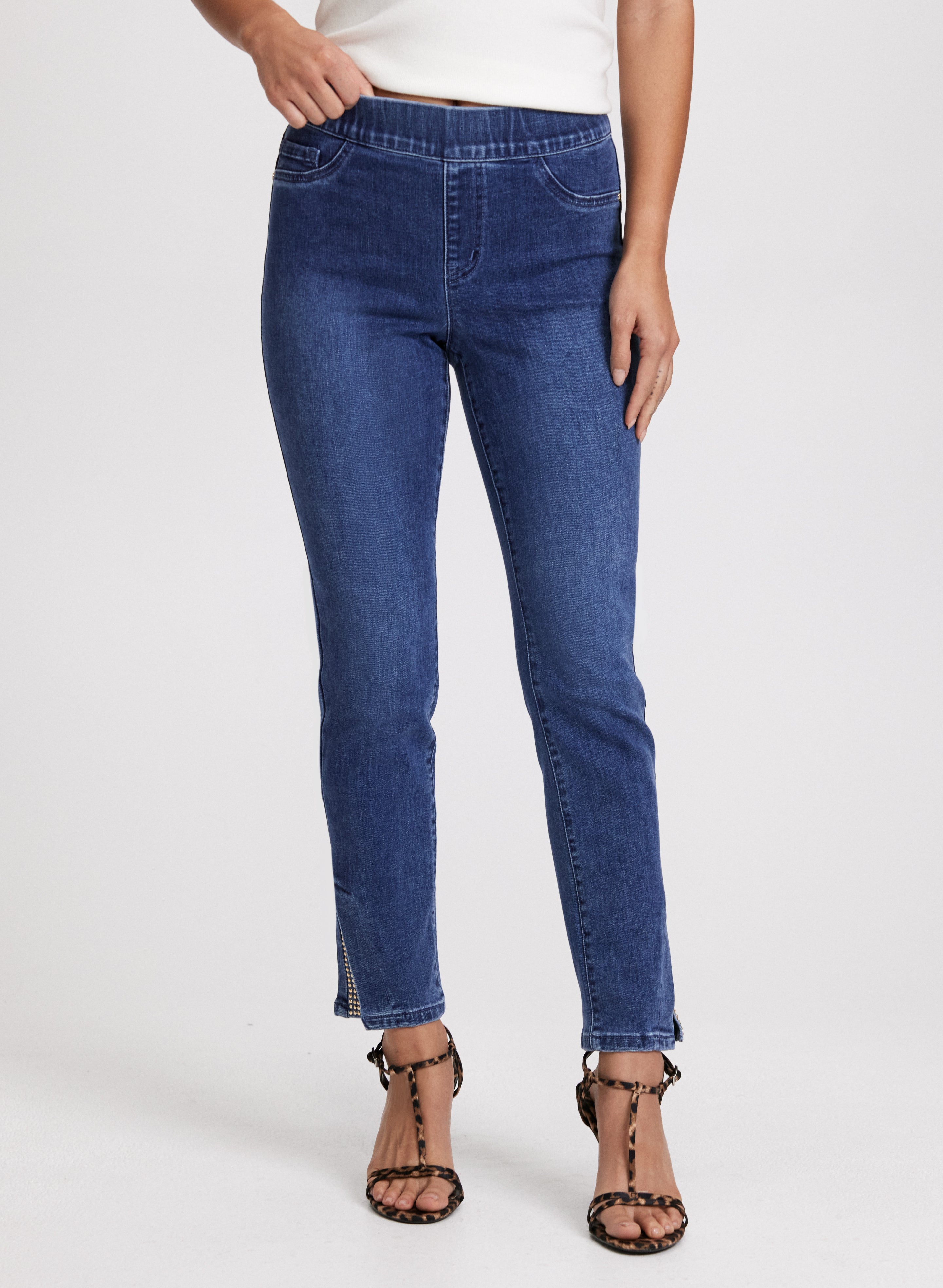 Embellished Hem Slit Jeans for Women - High Waist Distressed Denim Pants with Rhinestone Details | Perfect for Casual Outings, Date Nights & Street Style Fashion