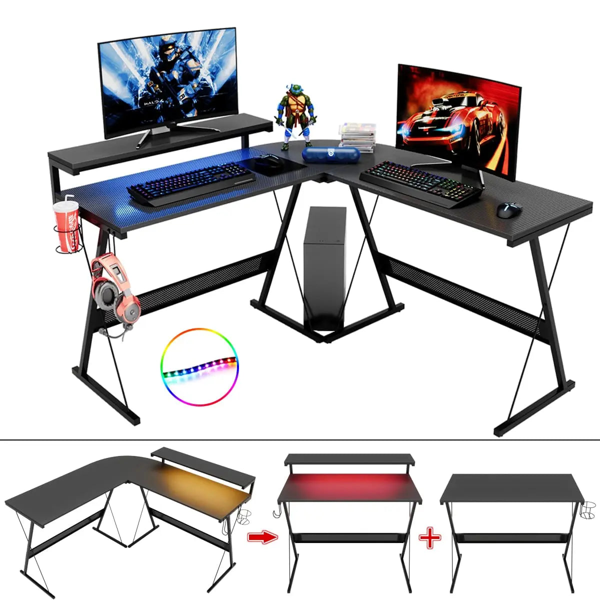 Bestier 65 Inch L-Shaped Gaming Desk with Cup Holder & Power Outlet - Ergonomic Computer Desk for PC Gamers & Home Office Workstation - Perfect for Small Spaces & Multi-Monitor Setups