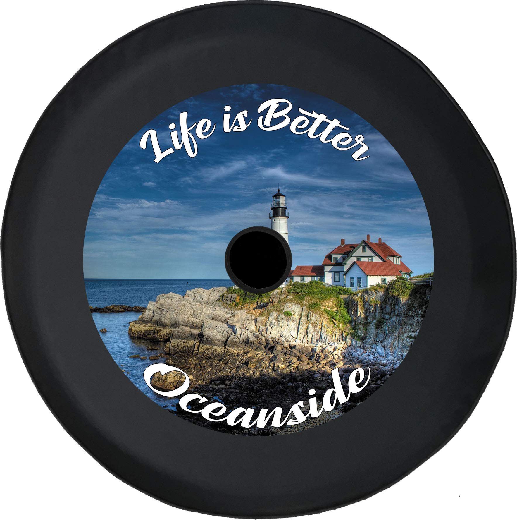 33 Inch Black Lighthouse Spare Tire Cover with Backup Camera Hole - Durable Tire Accessories for Trucks, SUVs, RVs, Trailers & Campers | Perfect for Road Trips, Camping & Off-Road Adventures