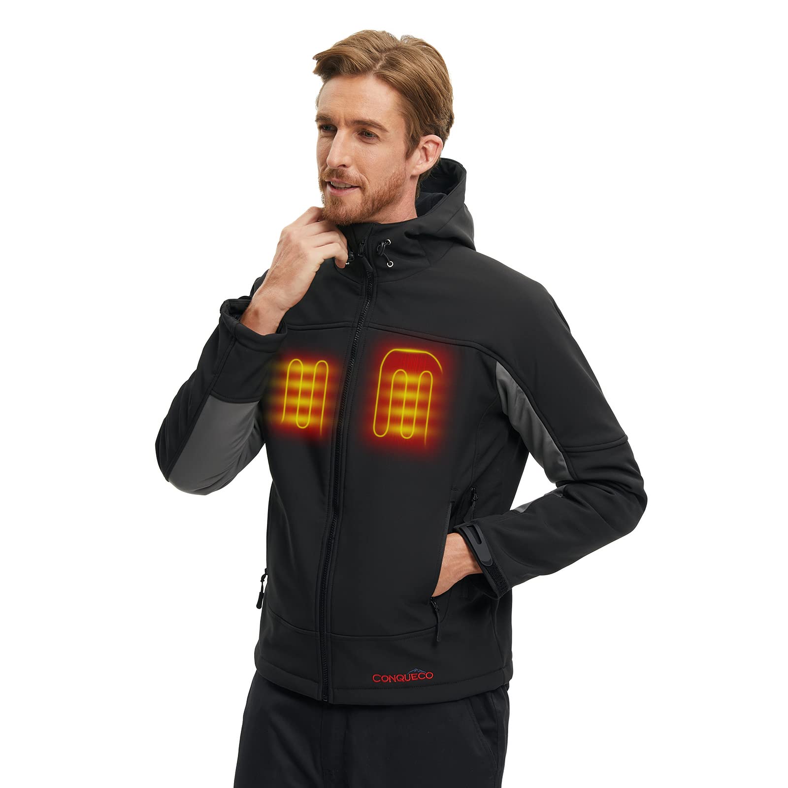 CONQUECO Men's Heated Jacket - Soft Shell Winter Hoodie with Rechargeable Battery - Warm Electric Heated Coat for Outdoor Activities, Camping, Hiking & Winter Sports