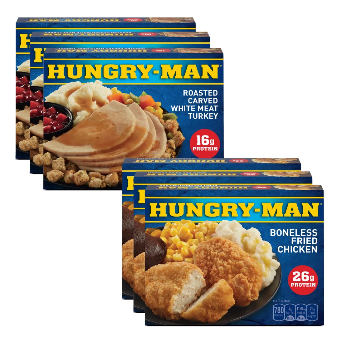 Salutem Vita - Hungry Man Roasted Carved Turkey Dinner & Boneless Fried Chicken Frozen Meals - 16 oz (Pack of 3 Each) - Quick Microwaveable Frozen Dinners for Busy Weeknights, Office Lunches & Emergency Meals