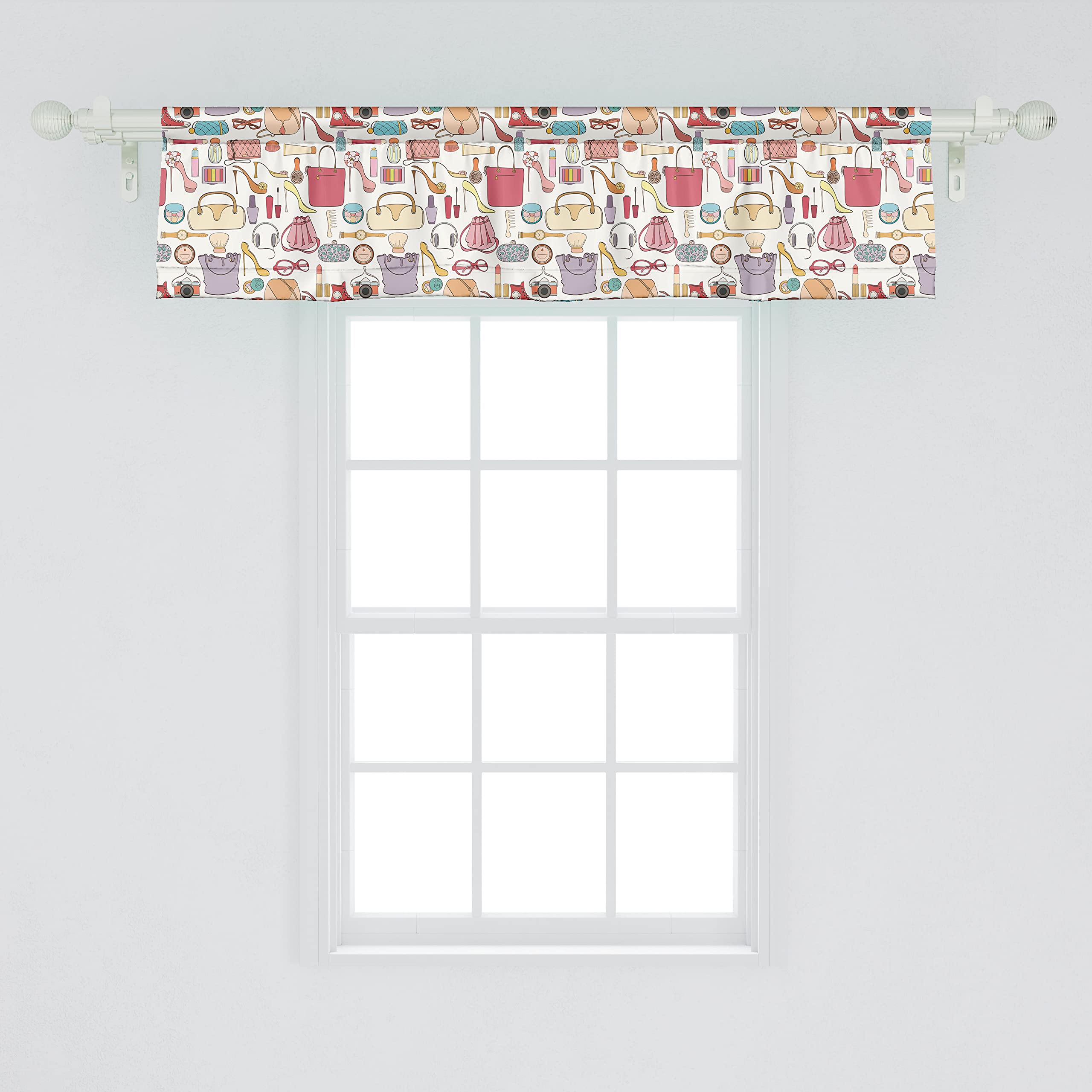 Ambesonne 2-Pack Fashion Window Valance - Scattered Women's Cosmetics, Bags, Shoes & Makeup Camera Print - 54