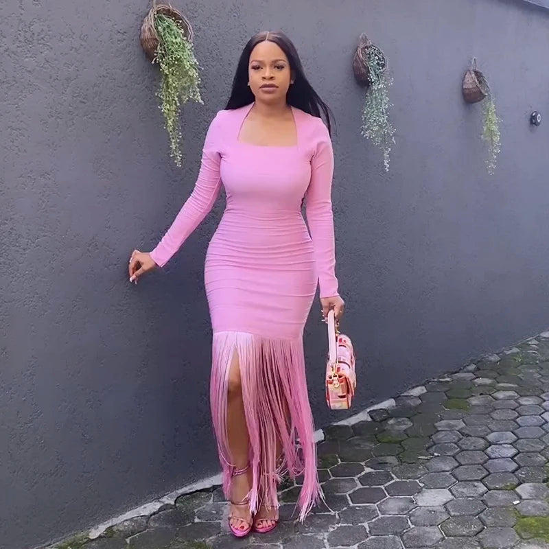 Sexy Black Rose Red Pink Women's Long Sleeve Square Neck Tassel Bodycon Bandage Dress for Nightclub, Party & Celebration - Perfect for Clubbing, Date Nights & Special Occasions