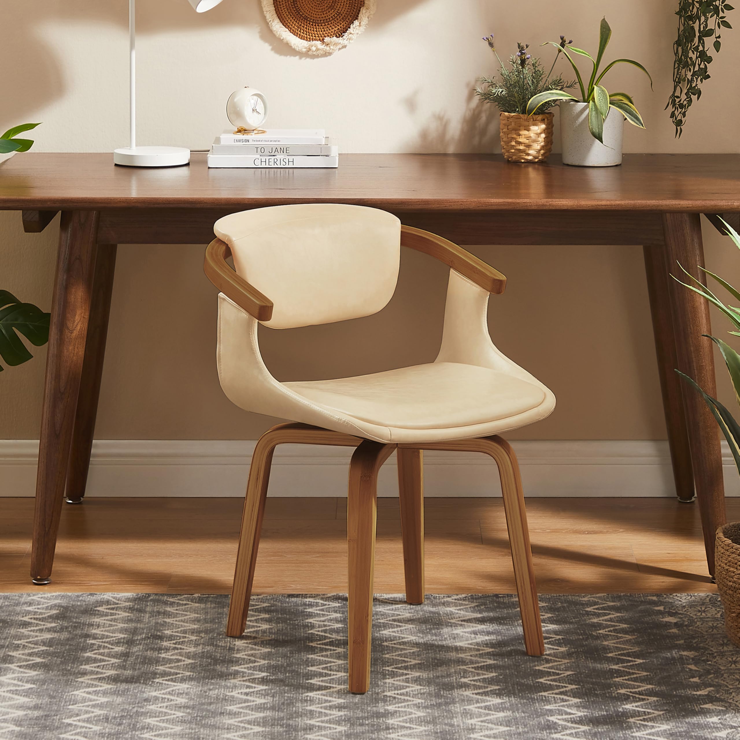 Art Leon Mid Century Modern Swivel Desk Chair - Faux Leather Upholstered Office Chair with 360° Rotation, Compact Accent Chair for Small Spaces, Cream - Perfect for Home Office, Living Room & Bedroom Workspaces