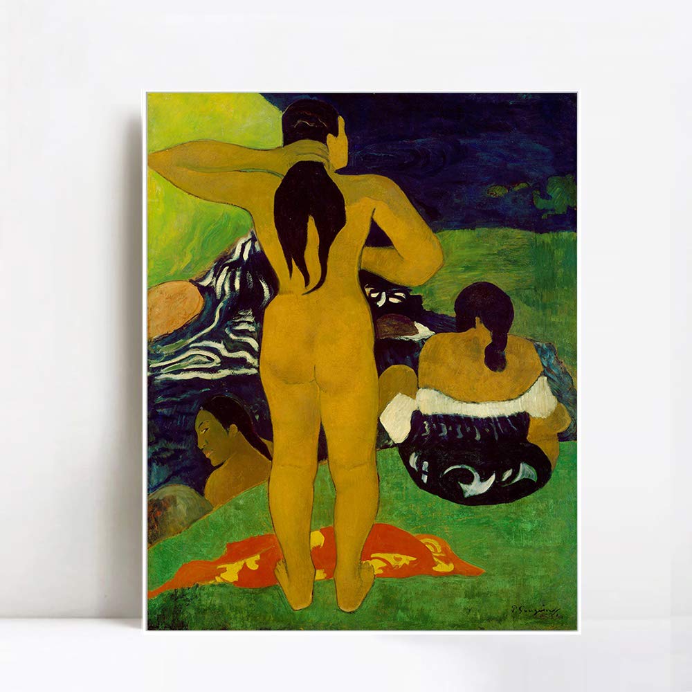 Paul Gauguin Tahitian Women Bathing Framed Canvas Giclee Print Art - 24x32 Inch Wall Decor for Living Room, Bedroom & Office (White Slim Frame) | Tropical Artwork, Home Decoration & Gift Idea