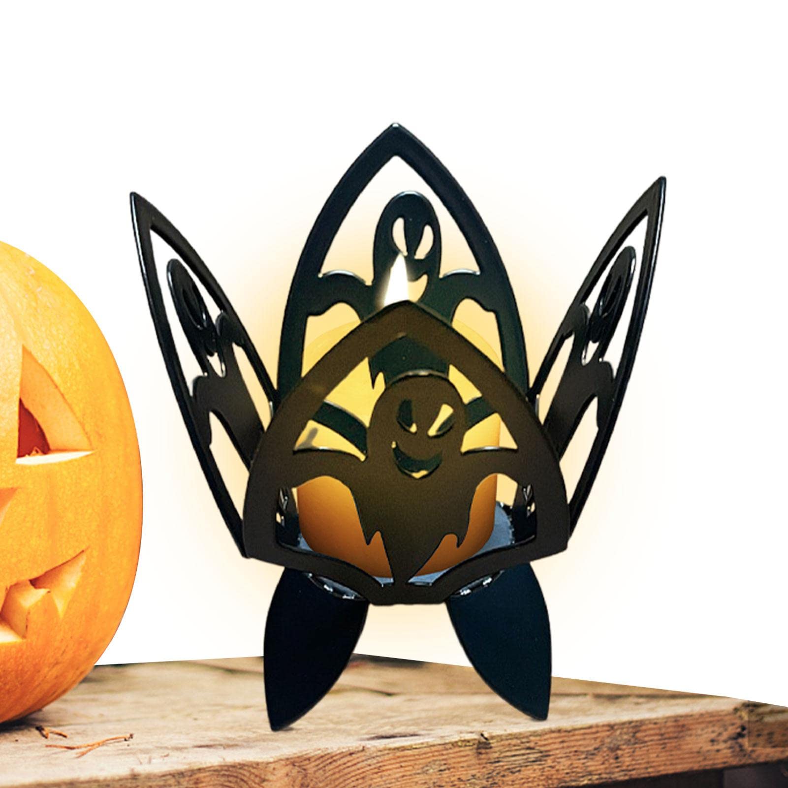 Black Metal Halloween Candlesticks - Pumpkin Ghost Bat Spider Tea Light Candle Holders | Gothic Decor for Halloween Party, Table Centerpiece & Spooky Home Decor