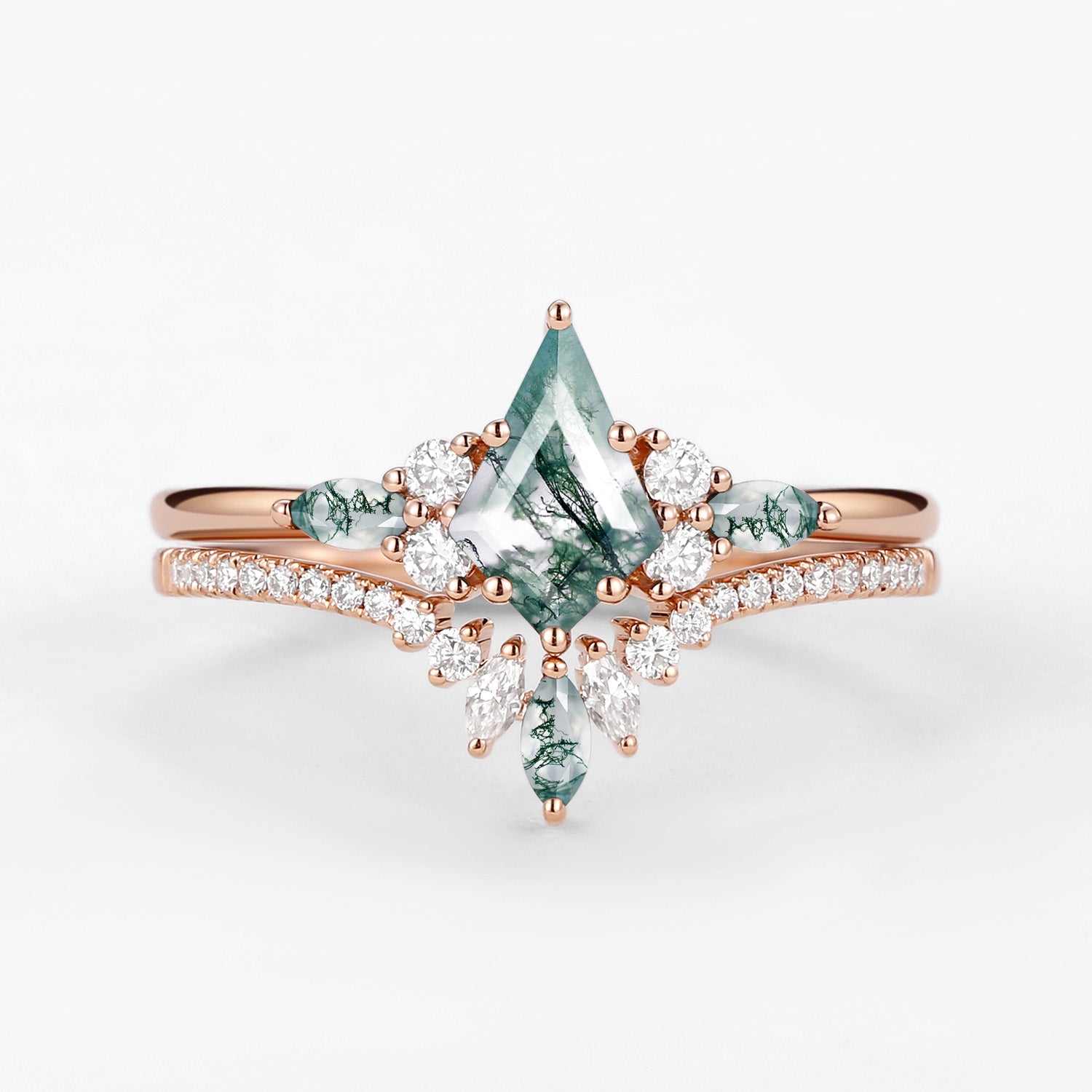 Kite Cut Green Moss Agate Three Stone Engagement Ring Set - 2 Piece Bridal Jewelry for Wedding Proposal & Anniversary Gifts | Perfect for Romantic Occasions & Special Moments
