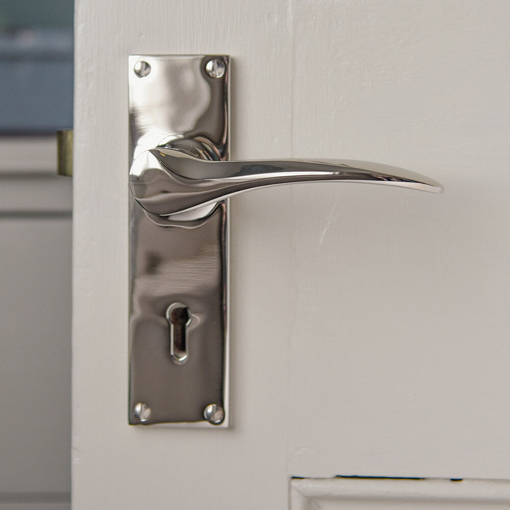 Polished Nickel Door Handles with Lever Lock - Modern & Secure Entryway Hardware for Home & Office Doors | Perfect for Interior & Exterior Use