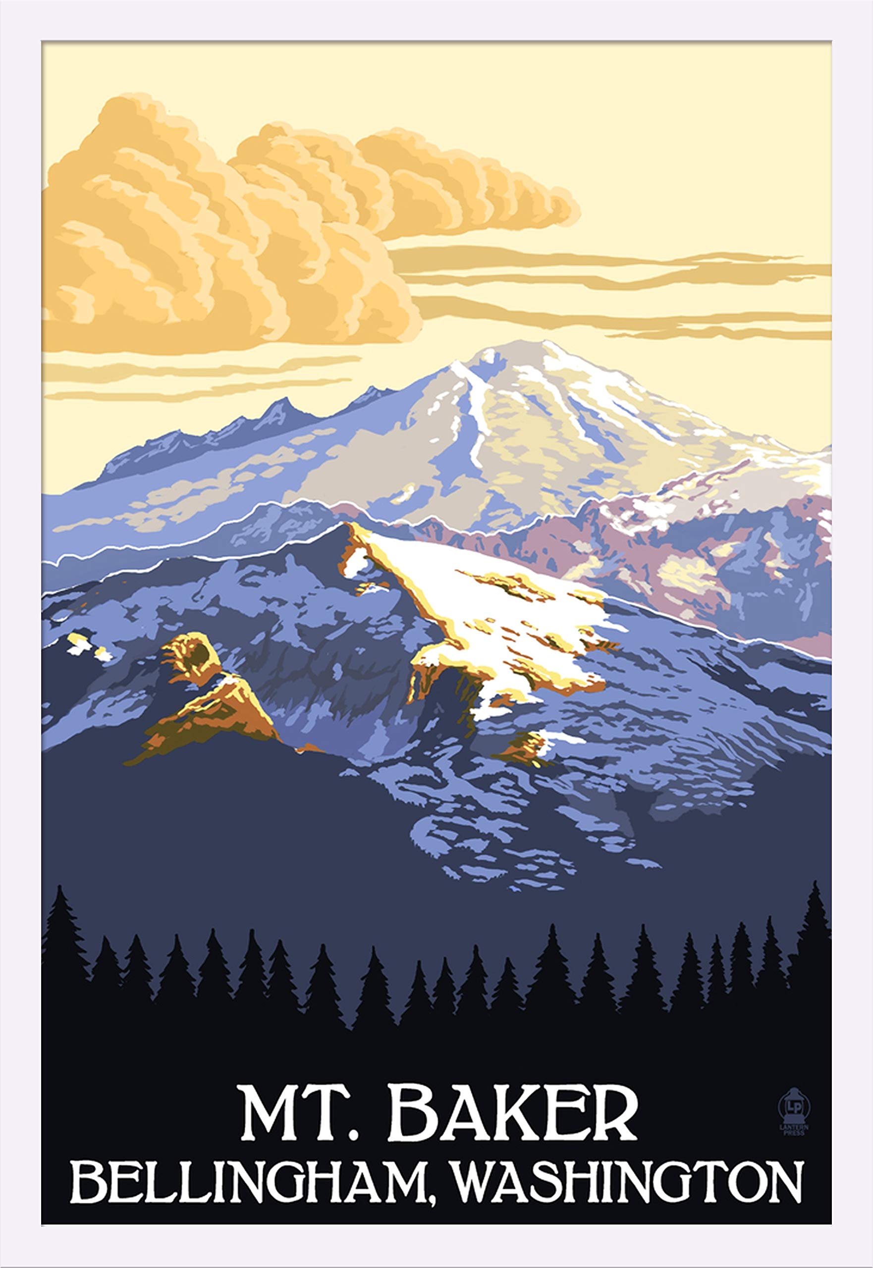 Mt. Baker with Yellow Clouds - Bellingham Washington Landscape Art Print (24x36 Giclee, Gallery Framed White Wood) - Perfect for Home Decor, Office Wall Art & Gift Ideas