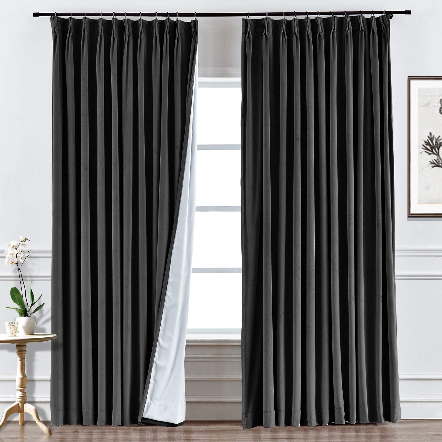 Blackout Thermal Insulated Curtains 84 Inches Long - Soft Velvet Pinch Pleat Room Darkening Drapes for Bedroom & Living Room - Warm Black Color, 58x84 Inches, 1 Panel - Perfect for Home Theater, Nursery & Light Control