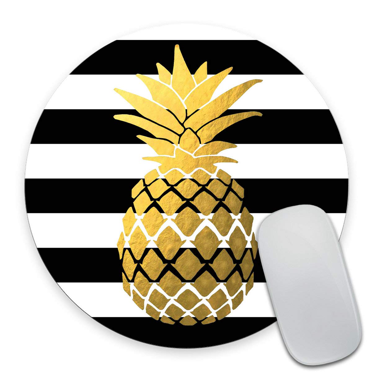 Smooffly Gold Foil Pineapple Round Mouse Pad - Black and White Stripes Non-Slip Gaming Mousepad for Office & Home Computer Desk | Personalized Circular Mouse Mat for PC, Laptop, MacBook Users