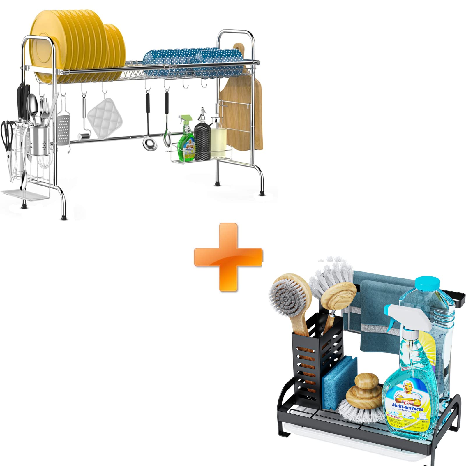 Over Sink Dish Drying Rack & Sponge Holder - Space Saving Kitchen Organizer for Efficient Dish Drying