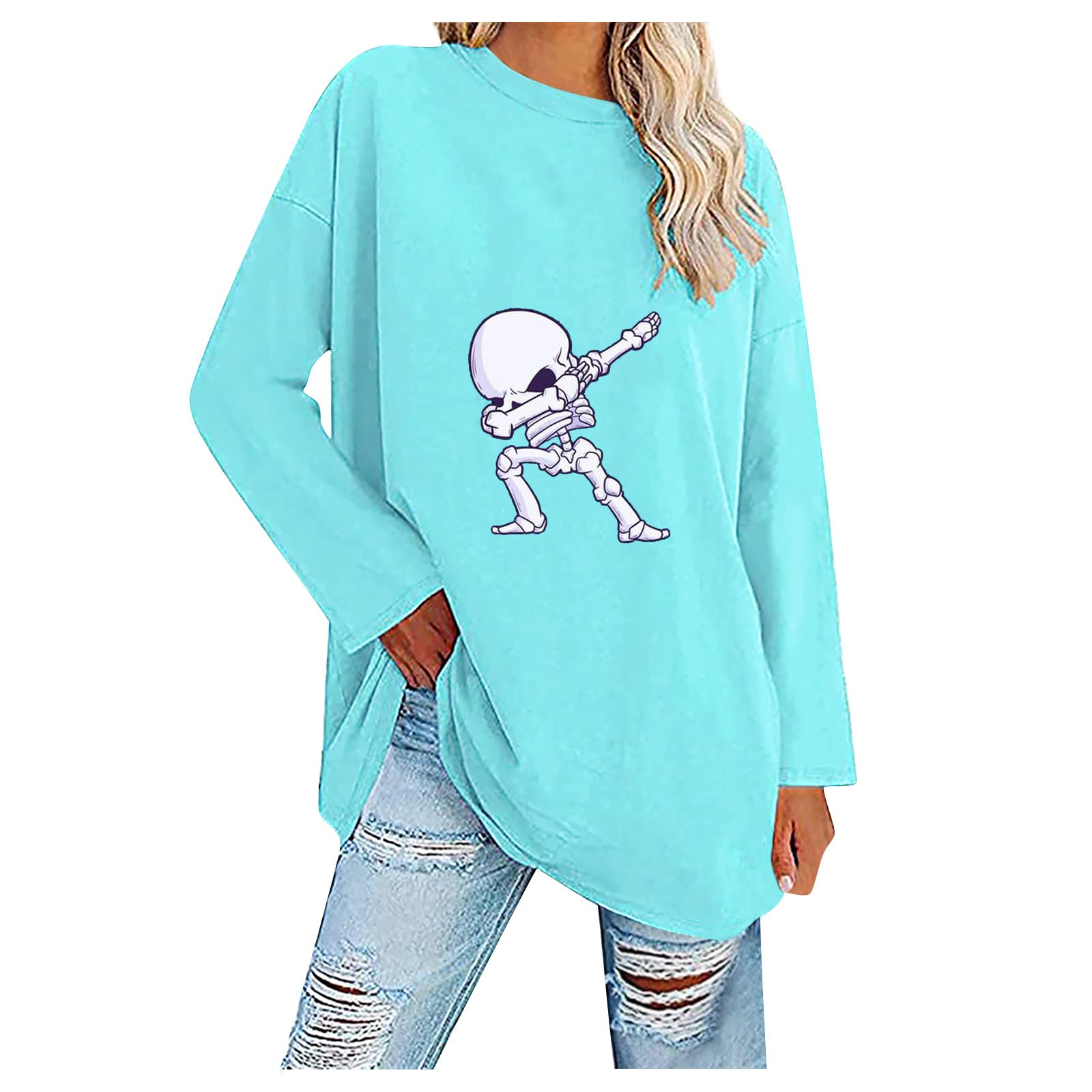 Halloween Sweatshirt for Women - Cute Skull Print Oversized Pullover Top with Round Neck & Long Sleeves | Casual Loose Fit Blouse for Halloween Parties, Costume Events & Fall Fashion