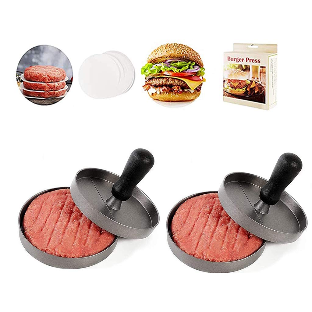 2 Pack Hamburger Press - Aluminum Patty Maker Mold with Non-Stick Surface & Detachable Handle | Includes 80 Wax Papers | Perfect for BBQ Grill, Backyard Cookouts, and Restaurant Burger Making