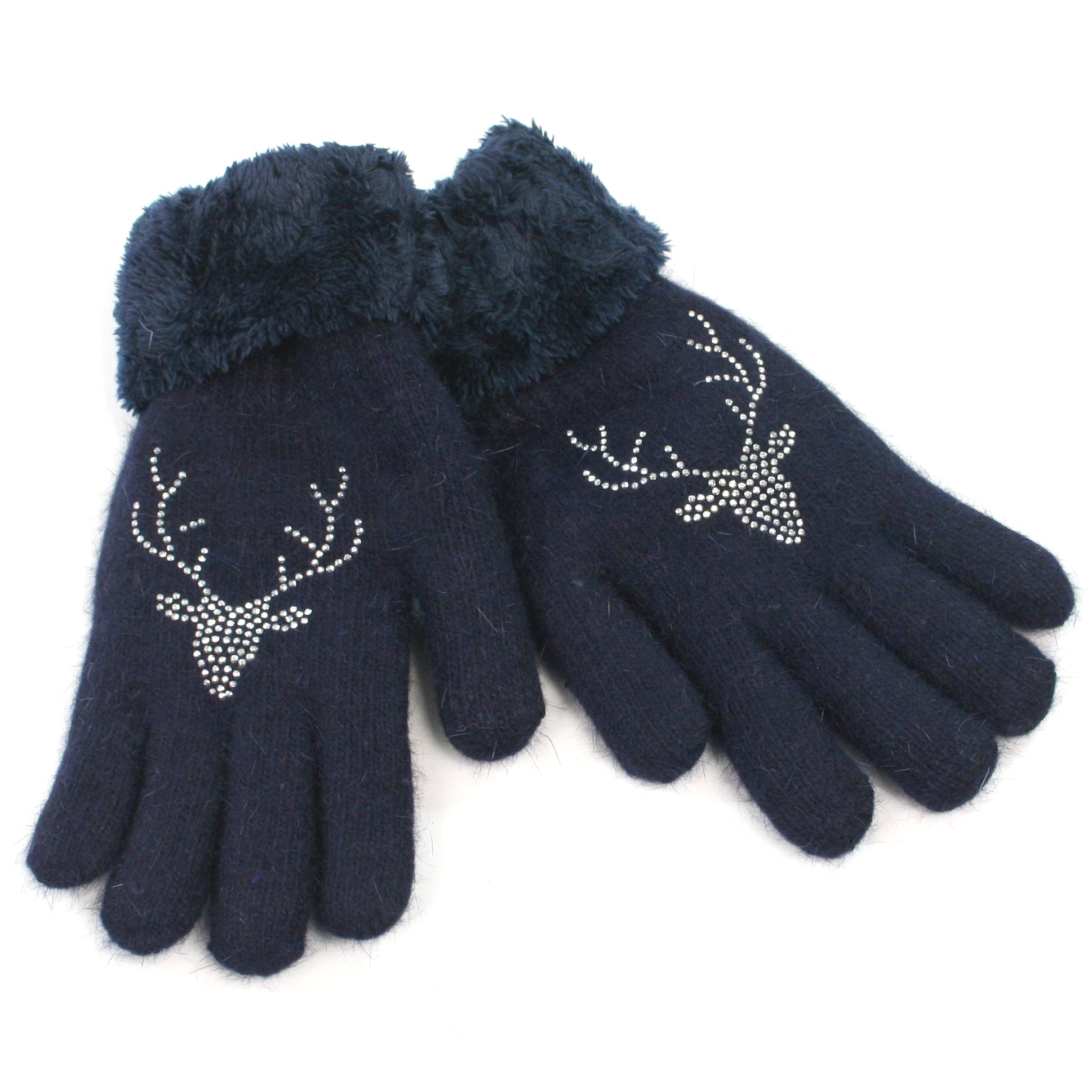 Premium Fluffy Winter Gloves for Women & Men - Soft Warm Navy Blue Deer Print - Perfect for Cold Weather, Outdoor Activities & Fashion Accessories