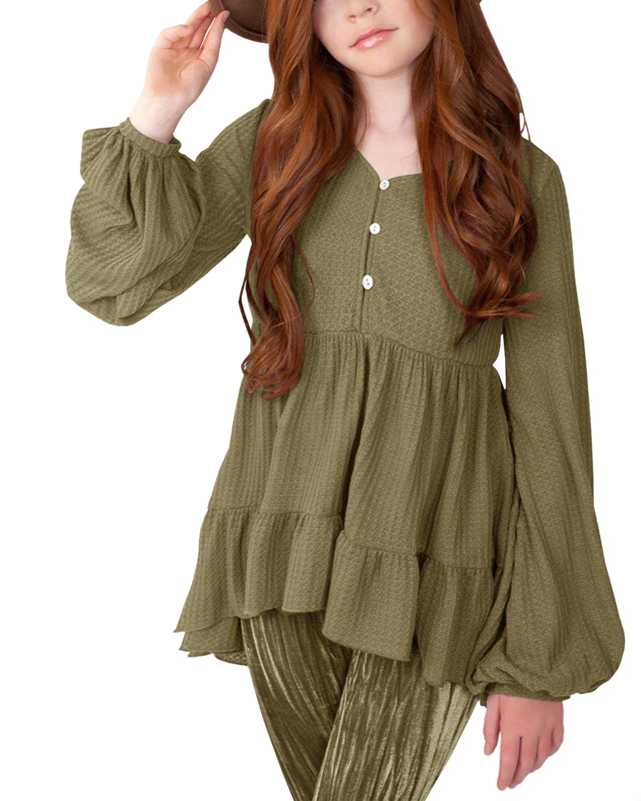 Popheartgo Girls Waffle Knit Tunic Top - Cute Babydoll Peplum Blouse with Ruffles & High-Low Hem - Loose Long Sleeve Jumper for Kids - Perfect for School, Playdates & Casual Outings