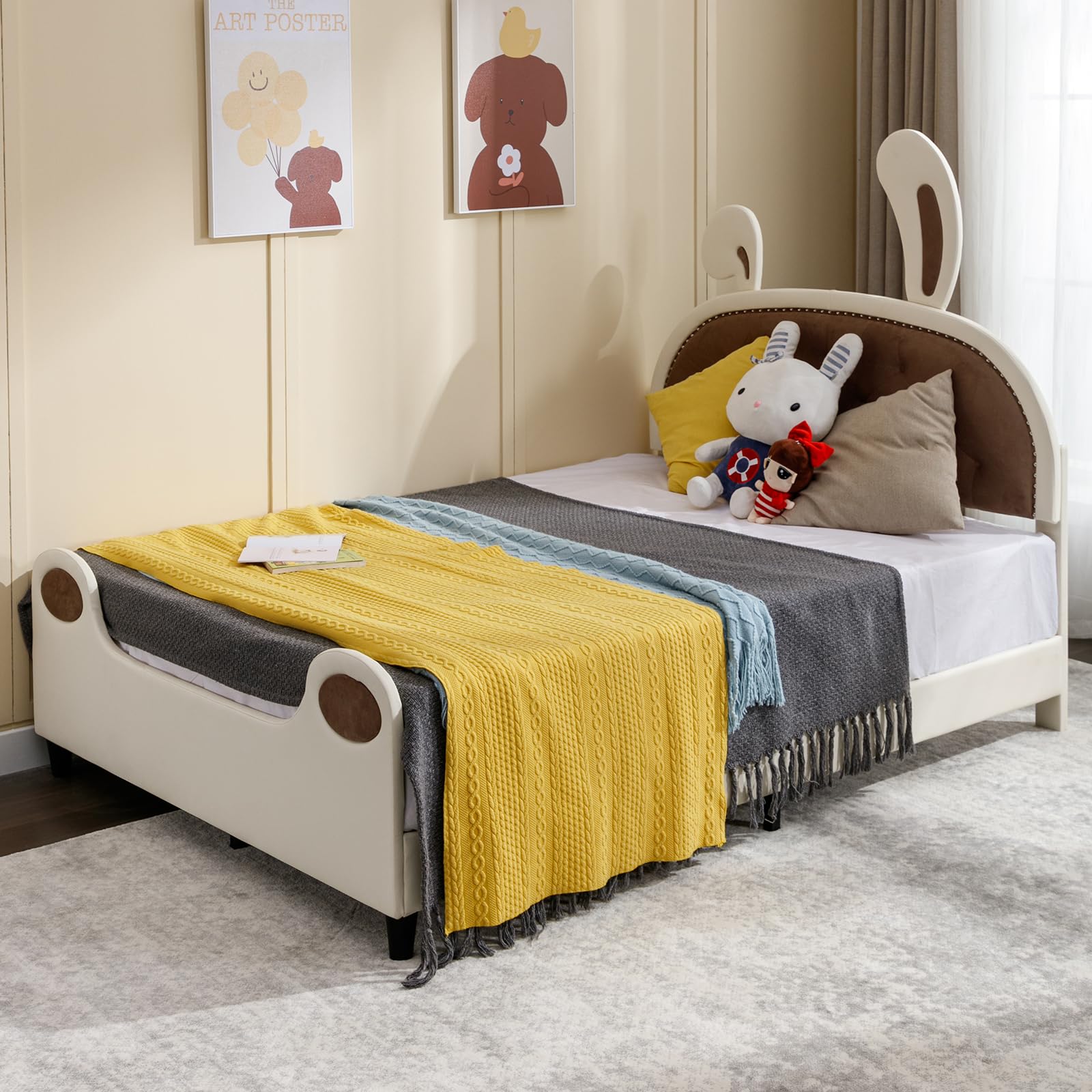 BALUS Twin Size Bed Frame for Kids - Faux Leather Velvet Platform Bed with Bunny Design - Perfect for Boys & Girls Bedroom Decor, Sleepovers & Playrooms