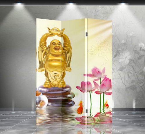 Double Sided Canvas Room Divider with Happy Buddha Design - Privacy Screen for Bedroom, Office & Meditation Space | Hand Painted Asian Inspired Decorative Partition