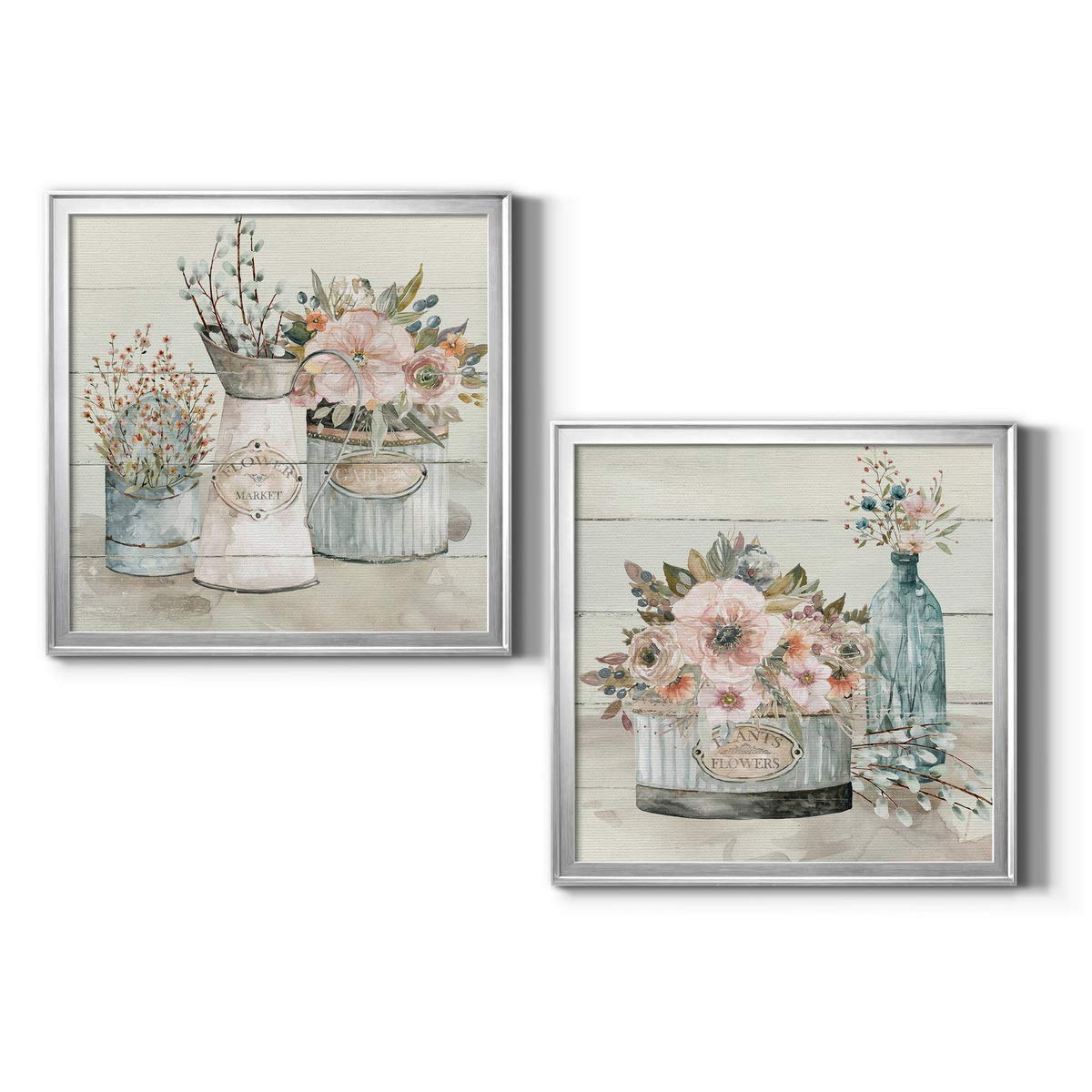 Floral Wall Art Canvas - Classic Geometric Abstract Transitional & Country Chic Wall Décor - Silver Framed Shiplap Flower Market 34x34 - Perfect for Living Room, Bedroom & Office Decor