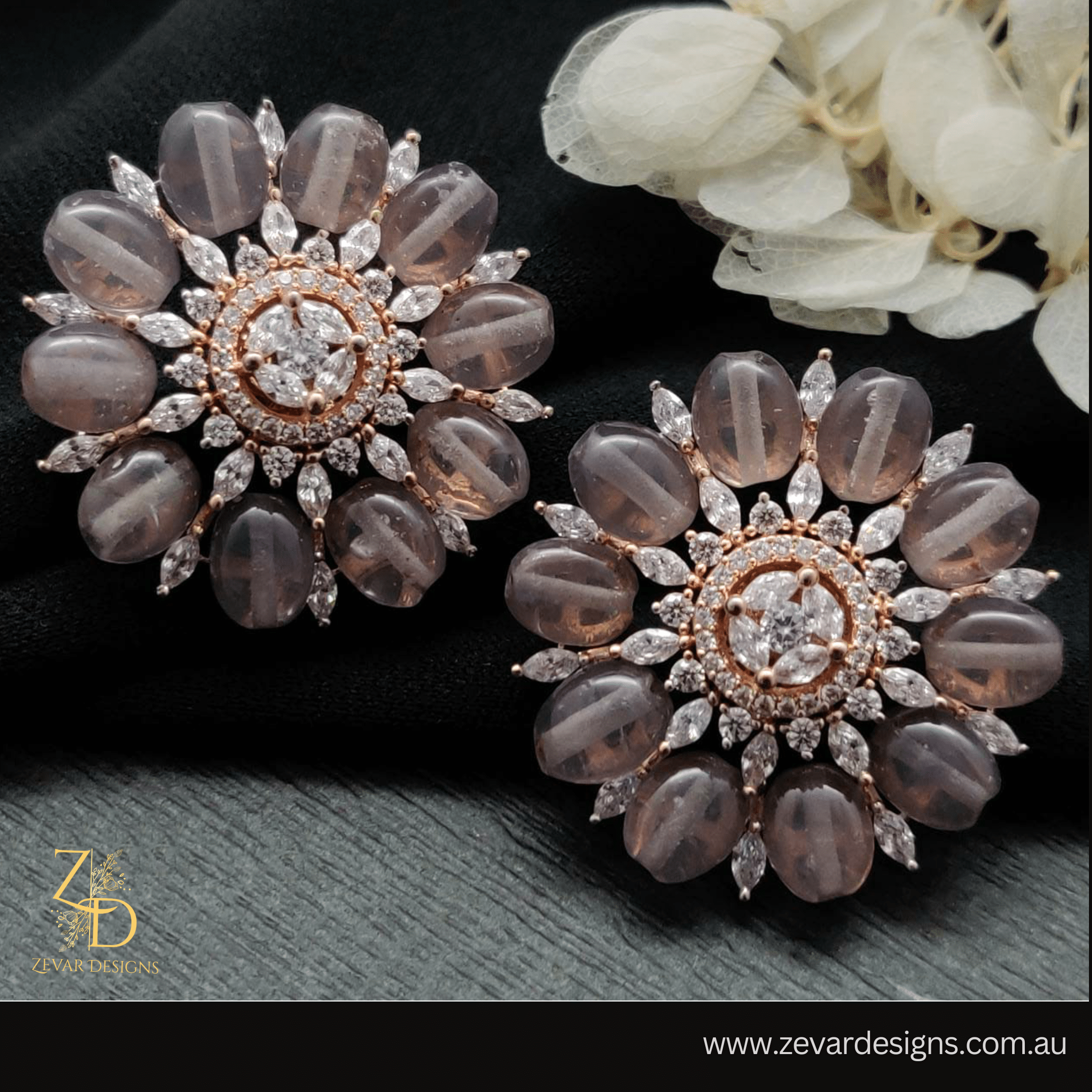 AD Rose Gold Stud Earrings with Light Grey Stones – Elegant & Stylish for Women | Perfect for Everyday Wear, Parties & Gifts