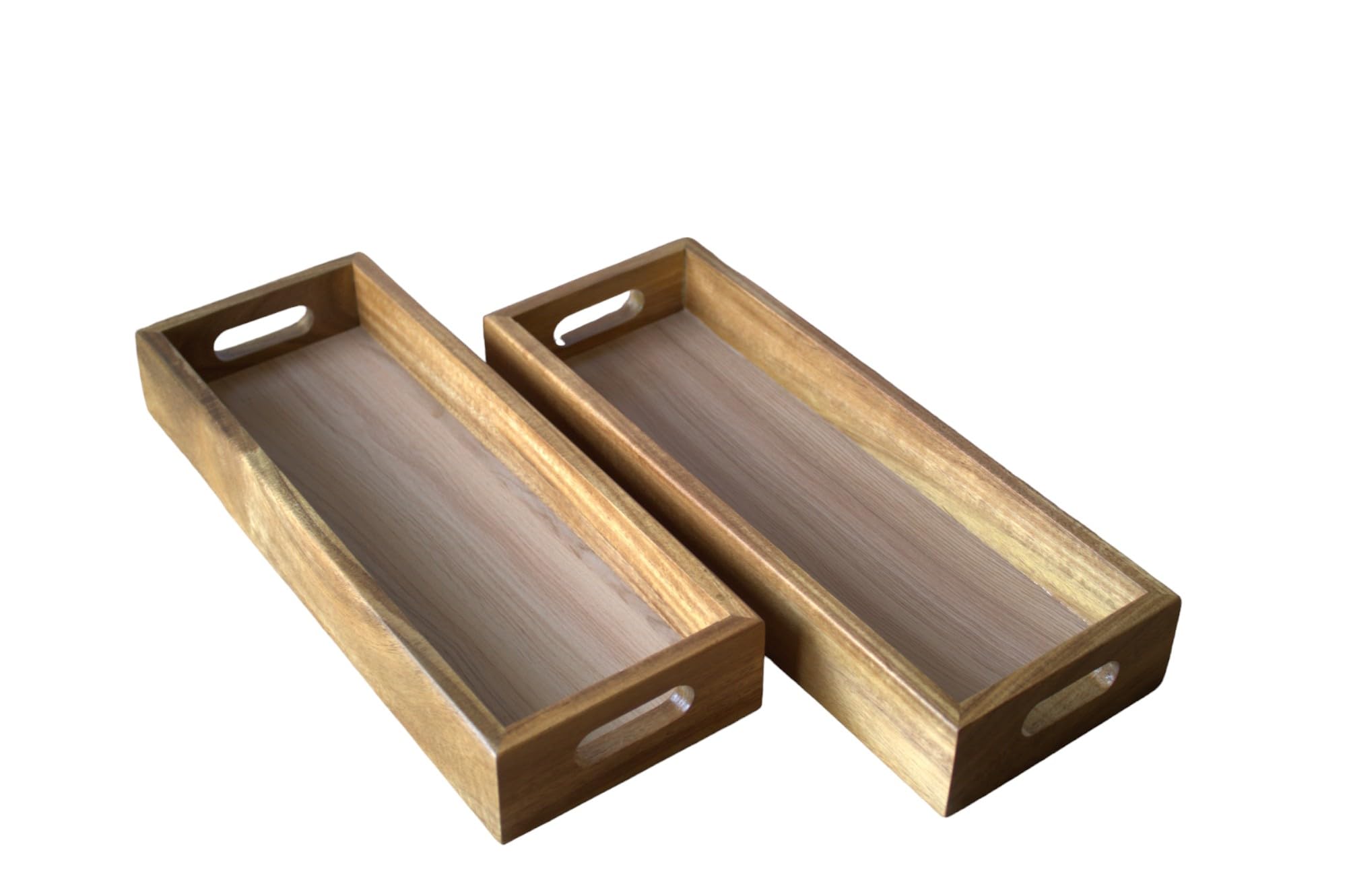 Acacia Wood Organizer Tray Set of 2 - Multipurpose Vanity & Kitchen Storage for Jewelry, Makeup, Utensils, Spices - Eco-Friendly Home & Office Desk Decor - Perfect for Bathroom Countertops, Dresser Tops, and Kitchen Counter Organization