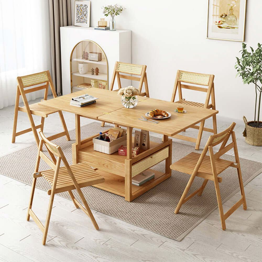 Modern Japandi Style Wooden Folding Coffee Table Set with Rattan Nesting Accent - Space-Saving Dining Table for Small Living Rooms, Apartments & Outdoor Patios