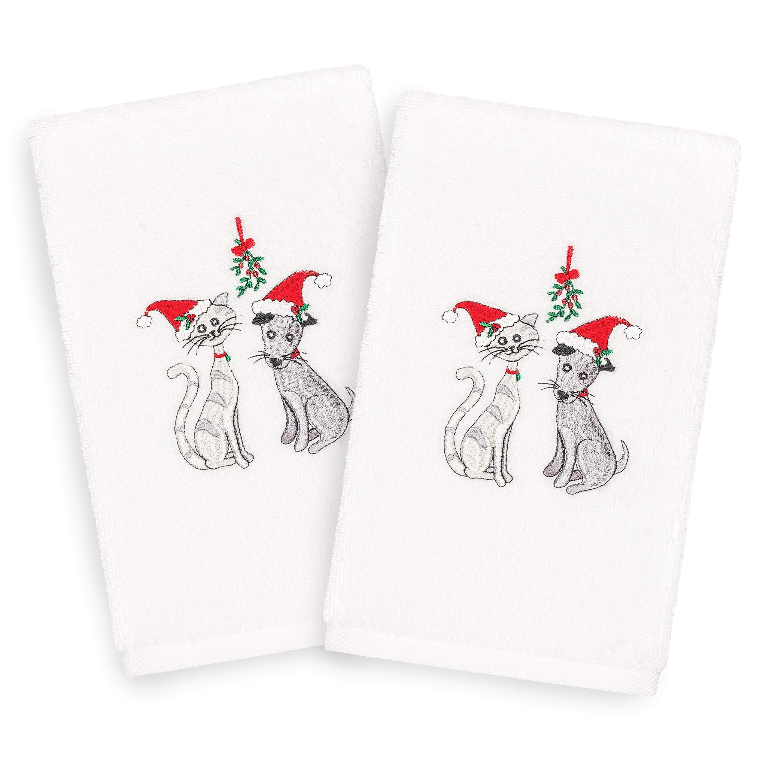 Premium 100% Cotton Hand Towels - Soft Turkish Terry Cloth with Festive Christmas Pet Embroidery - Set of 2 White Bath Towels - Perfect for Holiday Guest Bathrooms, Kitchen Decor & Christmas Gift Giving