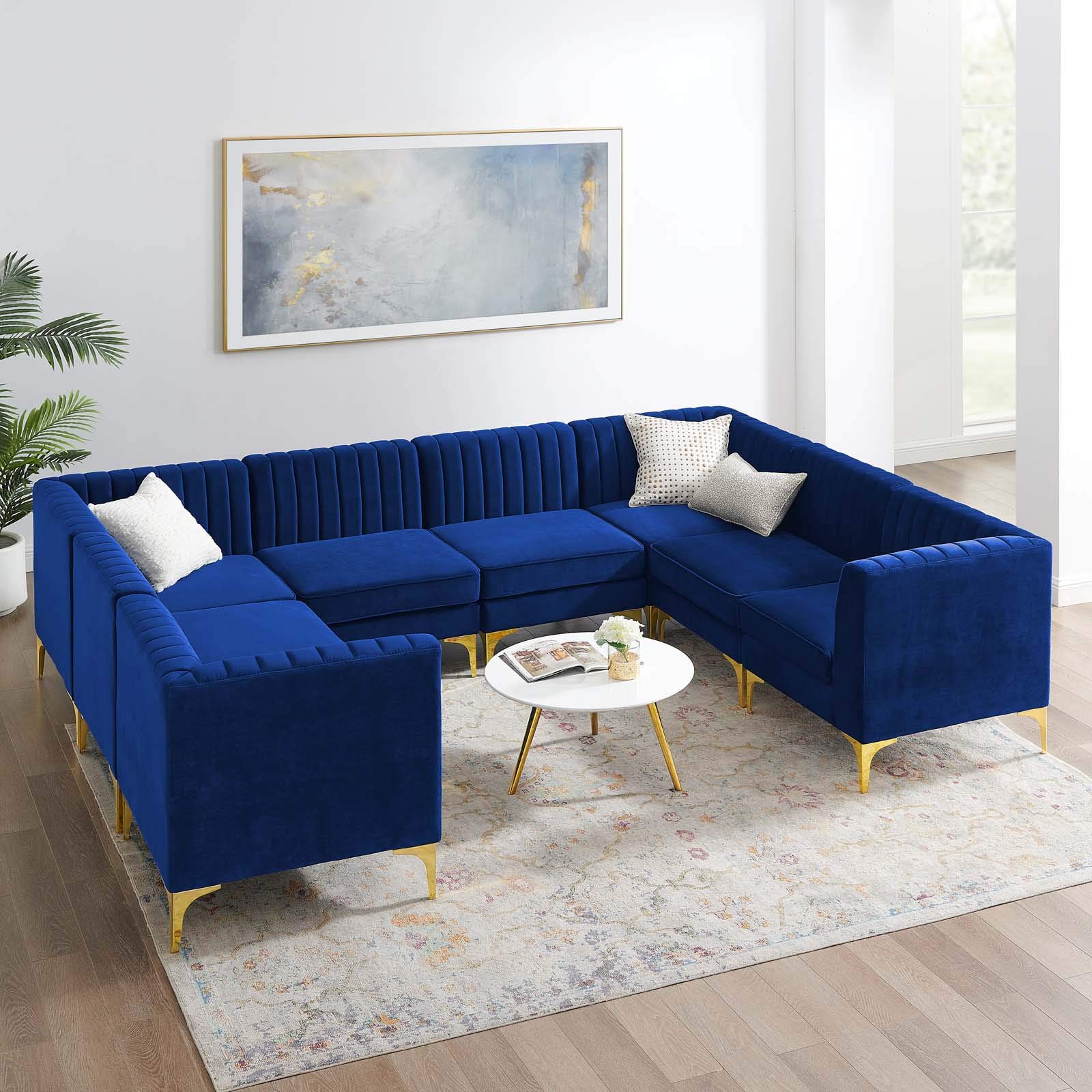 Modway Triumph Channel Tufted Performance Velvet 8-Piece Sectional Sofa in Navy Blue | Luxurious Velvet Upholstery for Living Room, Lounge & Entertainment Spaces