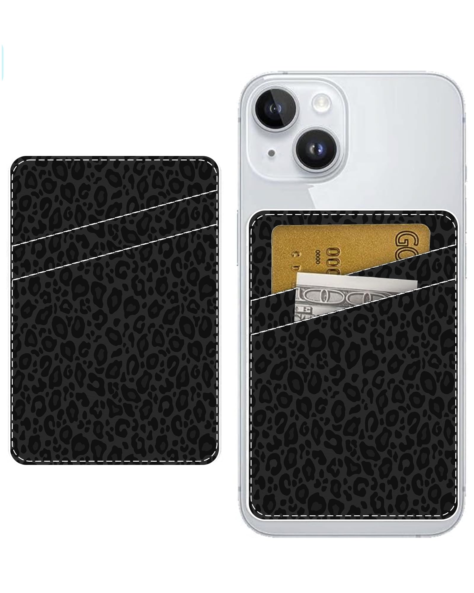Leather Phone Card Holder - Adhesive Stick On Wallet for Back of Phone, Cute Credit Card Holder Compatible with Most Cell Phone Cases, Luxury Black Leopard Design - Perfect for Travel, Shopping, and Daily Use