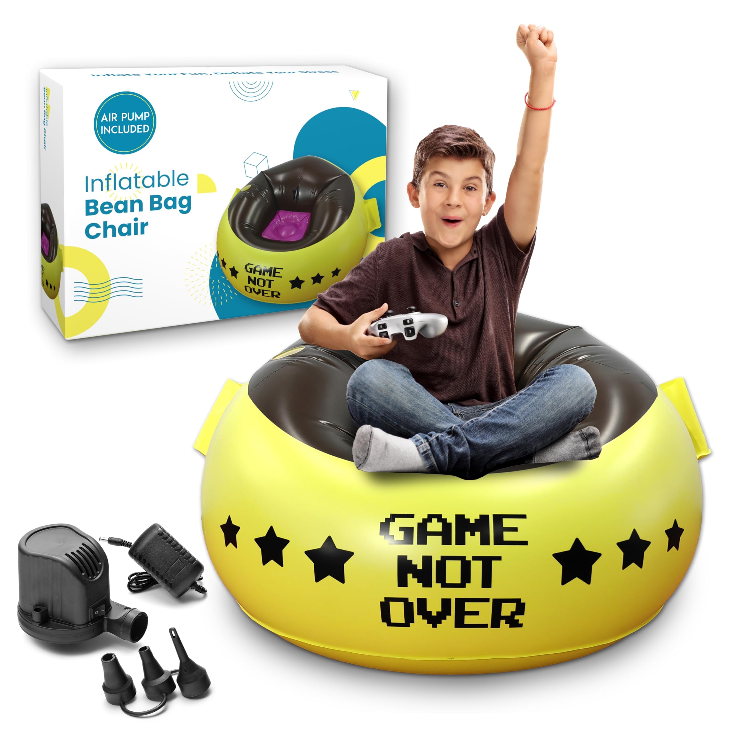 Inflatable Gaming Chair for Kids with Air Pump - 2-in-1 Bean Bag Chair for Boys & Girls Ages 8-12 - Portable Video Game Chair for Bedroom, Living Room & Outdoor Play