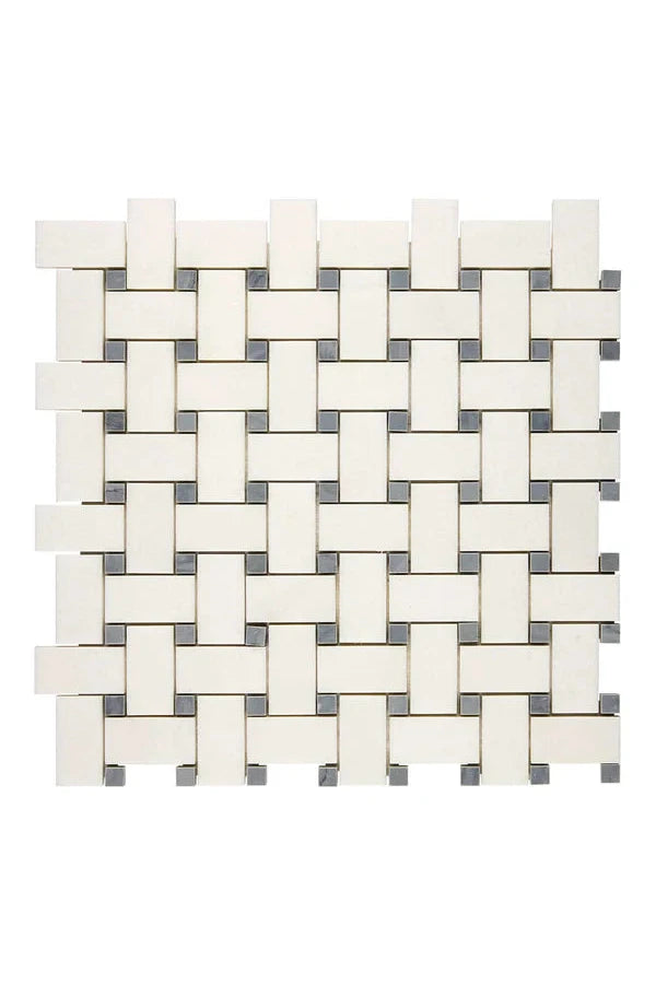 White Thassos Marble Basketweave Blue Mosaic Tile - Premium Natural Stone Wall & Floor Decor for Bathroom, Kitchen Backsplash, and Pool Surrounds